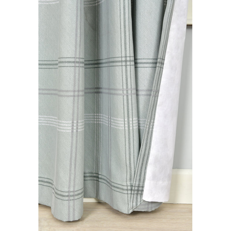 Printed Check Cotton Blackout Curtain Panel Pair, Green, Width 117 x Drop 137 cm