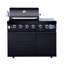 Îlot de barbecue extérieur noir 4 brûleurs 72000 avec réfrigérateur à une porte, évier et 2 surfaces de cuisson. Éclairage halogène pour une sécurité optimale. Évier/robinet inclus. Bouton de commande rouge/blanc avec indicateur lumineux.