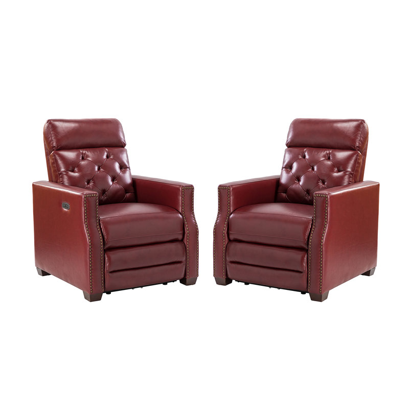 Gumesindo 31.50" Wide Genuine Leather Power Recliner, Burgundy Genuine Leather