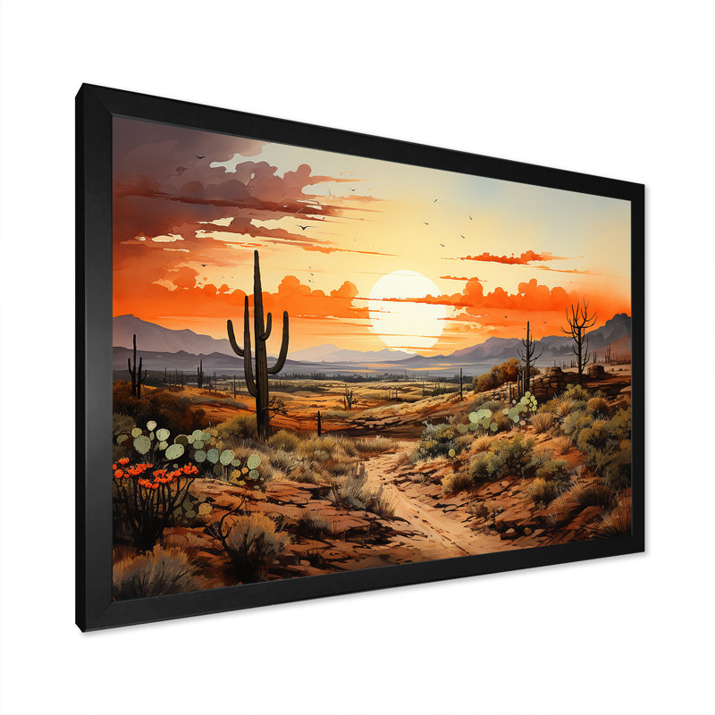 Silhouette orange, Cactus, lever de soleil - Cactus, art mural, Cadre d'angle fermé noir, H 24 po x l 32 po x P 1 po