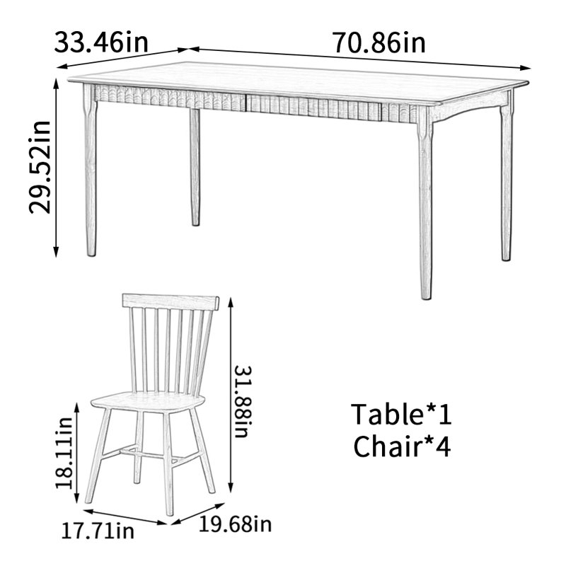 Simple Cherry Wood Drawer Storage Dining Table Set, 29.52"H x 70.86"L x 33.46"W