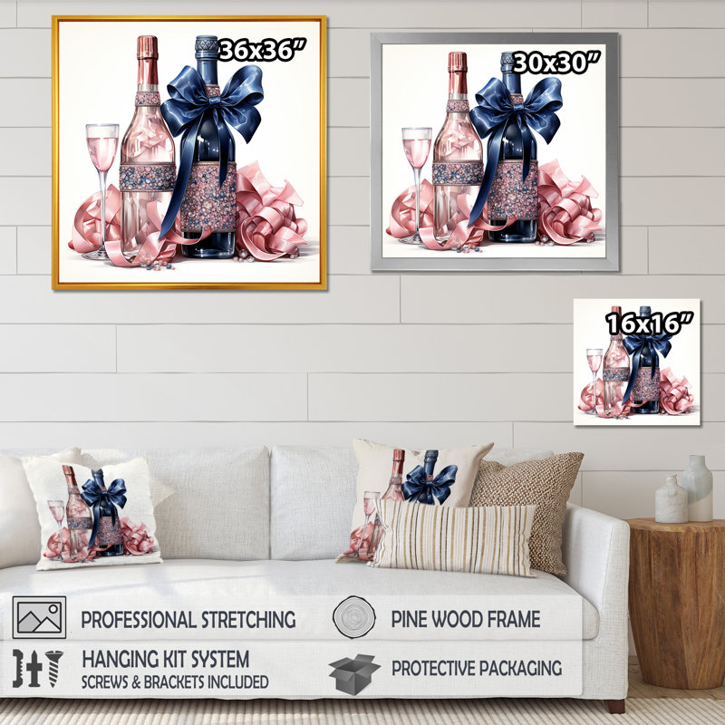 Mode rose et bleu champagne III - art mural mode champagne, Cadre flottant doré, H 36 po x l 36 po x P 1,5 po