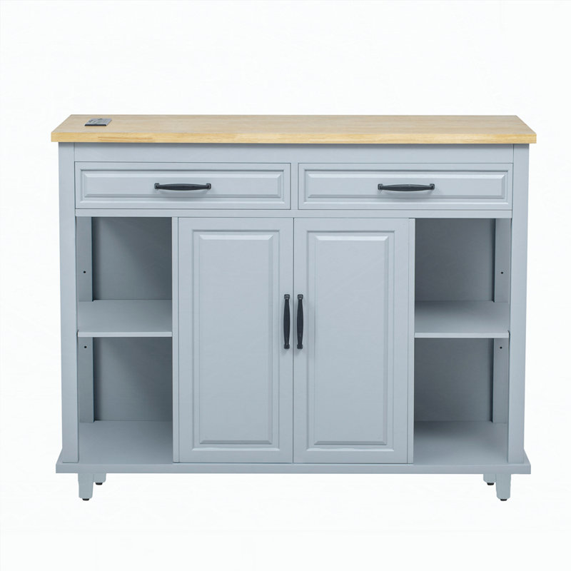47 inch Kitchen Island with Extendable Dining Table, Rubber Wood Veneer Kitchen Table with Internal Storage Rack, Power Outlet, Kitchen island with Storage 2 Drawers 2 Cabinet