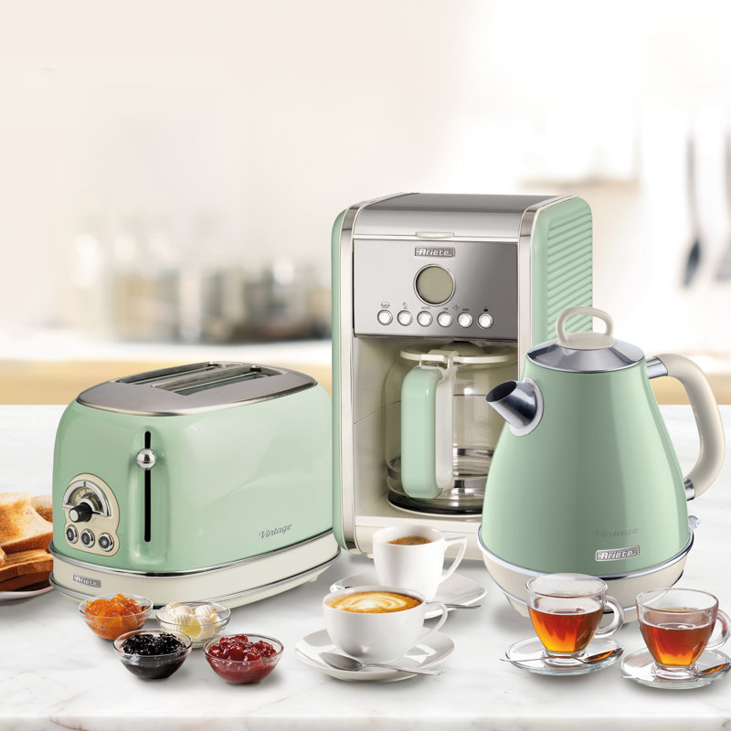 Ariete Vintage 1.7L Stainless Steel Jug Kettle with 2 Slice Toaster and 12 Cup Coffee Machine Set, Green