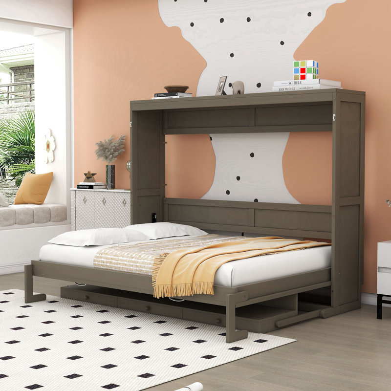 Grand lit escamotable en bois avec coiffeuse et tiroirs intégrés, Gris patiné