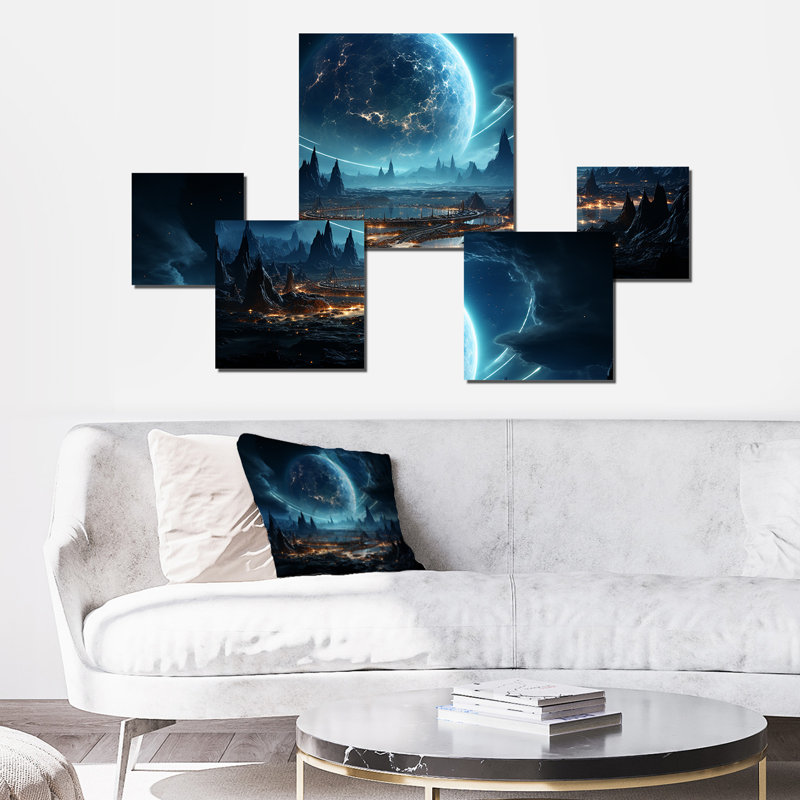 «White and Blue Cosmic Space Landscape III», ensemble d'art mural carré 5