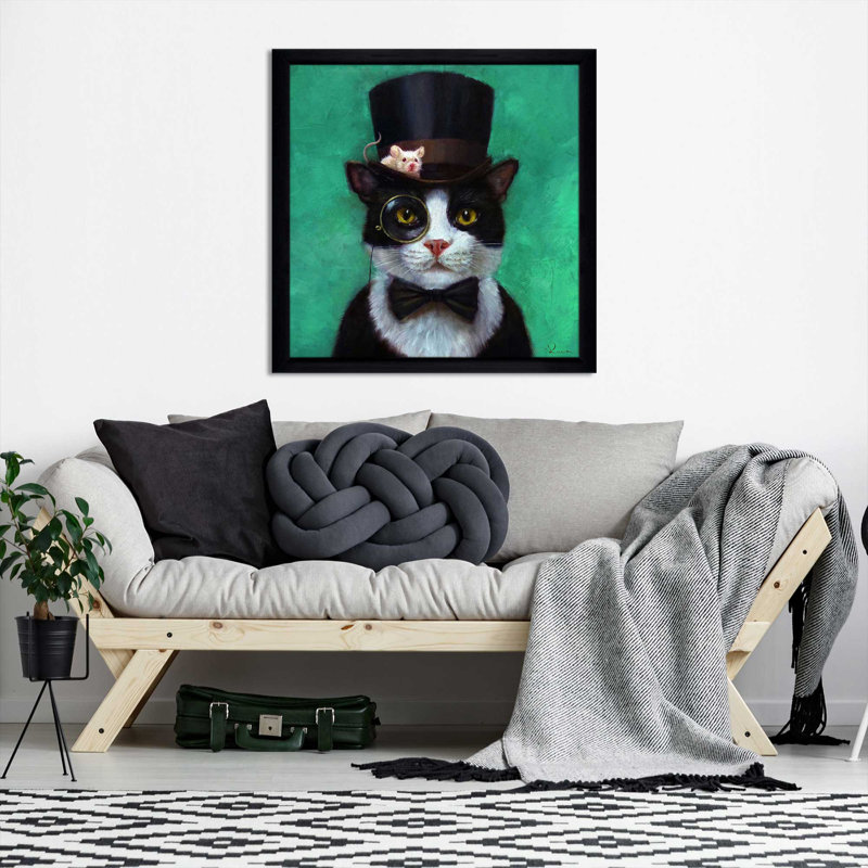 «Tuxedo Cat» par Lucia Heffernan - peinture, Cadre noir, H 25,5 po x l 25,5 po x P 1 po