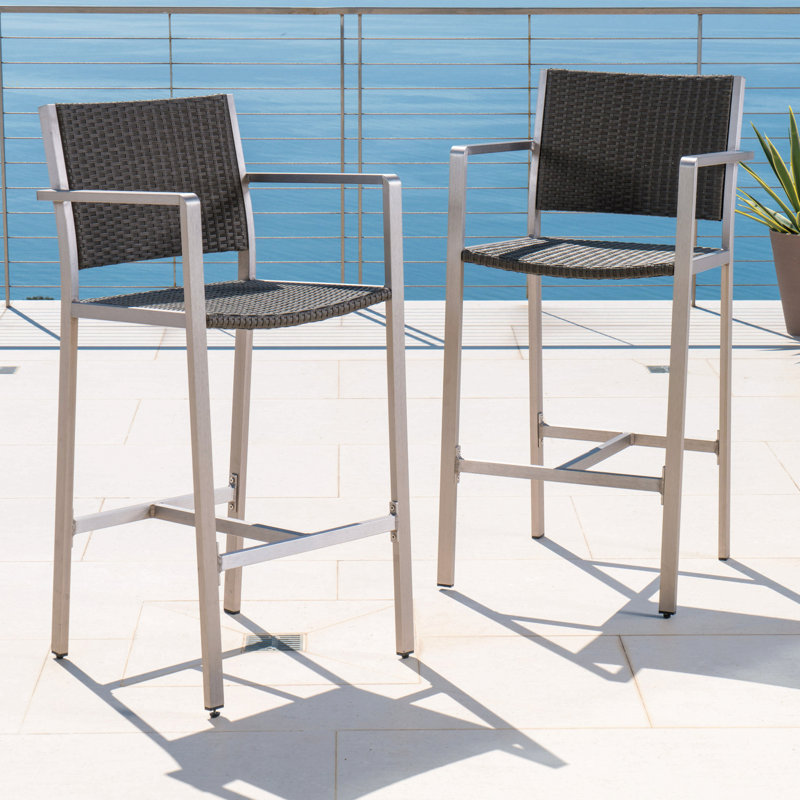 Outdoor 29.50" Rust-Proof Aluminum Barstools With PE Rattan Seat And Backrest, Set Of 2, Silver & Grey, Silver/Gray