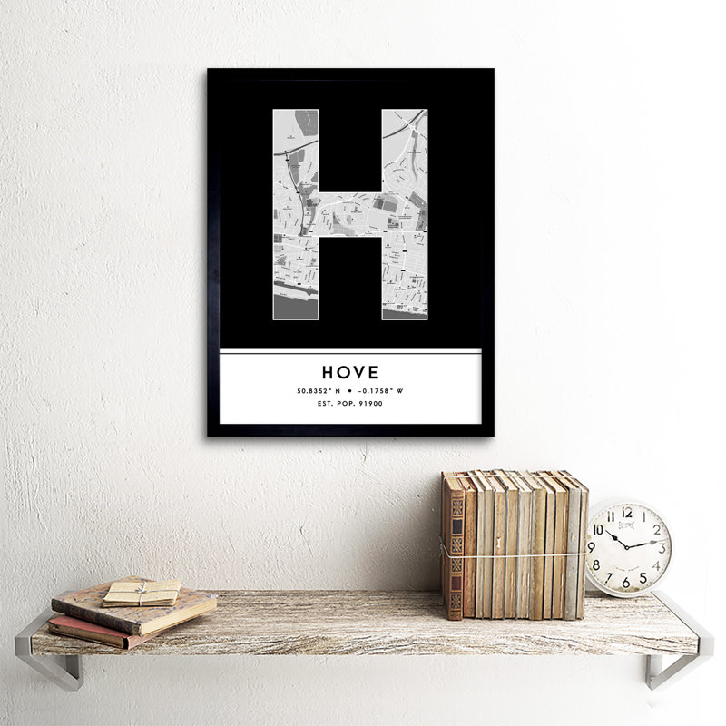 Hove City Map Hove Black & White - Single Picture Frame Typography