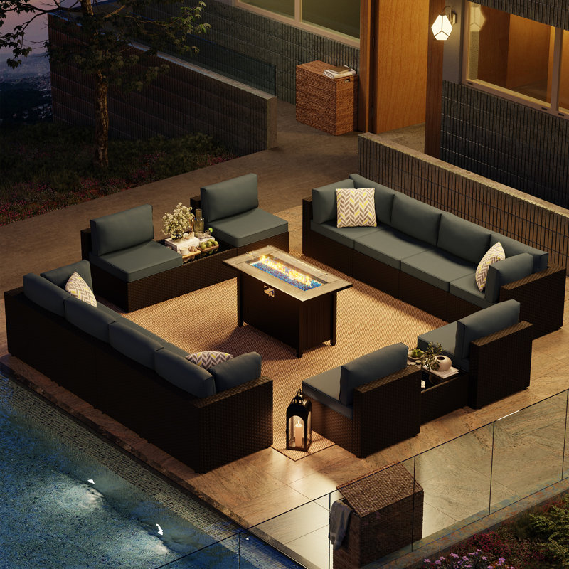 12-Person Outdoor Patio Seating Group with Fire Pit Table, Navy, Black