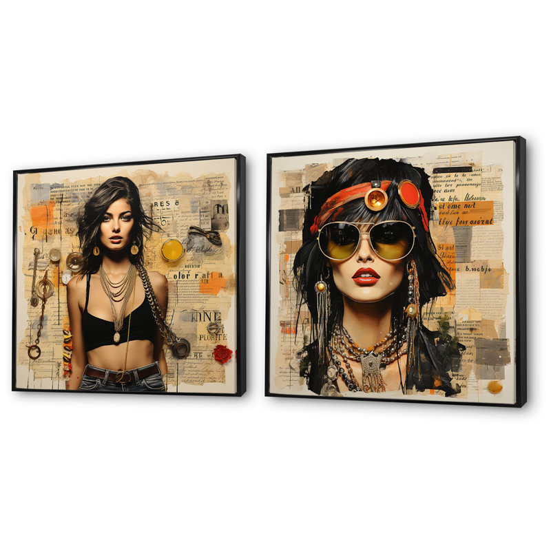 Ensemble de 2 reproductions d'art sur toile Chic Portrait, Cadre flottant noir, H 36 po x l 73 po x P 1,5 po