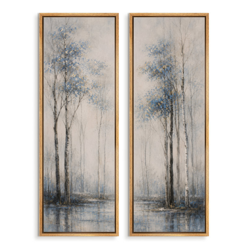 Décoration minimaliste « Bouleaux bleus et dorés au bord de l'eau » – Ensemble de 2 impressions d'art encadrées sur toile 60" x 20"