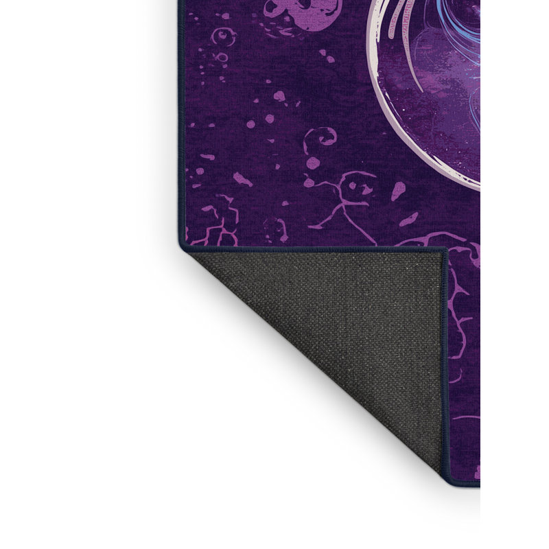 Soft Plush Feliz Halloween Modern & Contemporary Abstract Area Rug in Purple – Navy Binding, 2x4