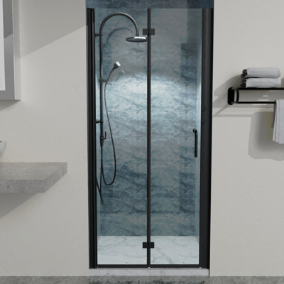 34 To 35-3/8 In. W X 72 In. H Bi-Fold Semi-Frameless Shower Doors In Matte Black With Clear Glass