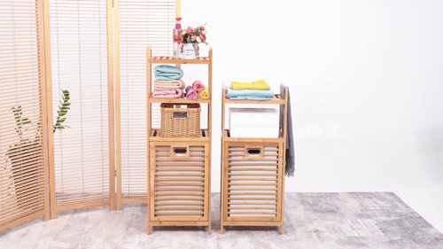 MoNiBloom Bamboo Organizer Clothing Storage Shelf with 4 Part Compartment Sorter Baskets Fabric Removable Clothes Drawers for