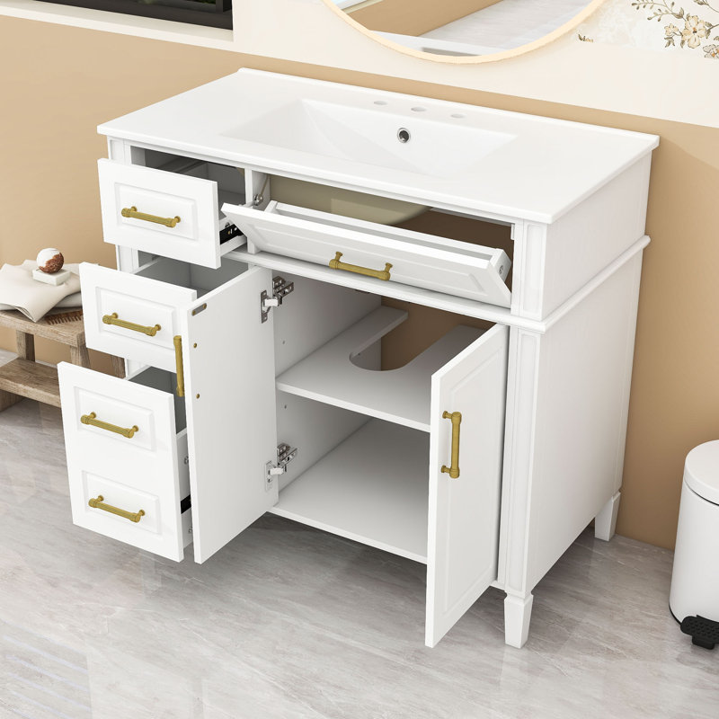 Meuble-lavabo avec lavabo en céramique, 4 tiroirs, tablette réglable et charnières à fermeture en douceur, Blanc