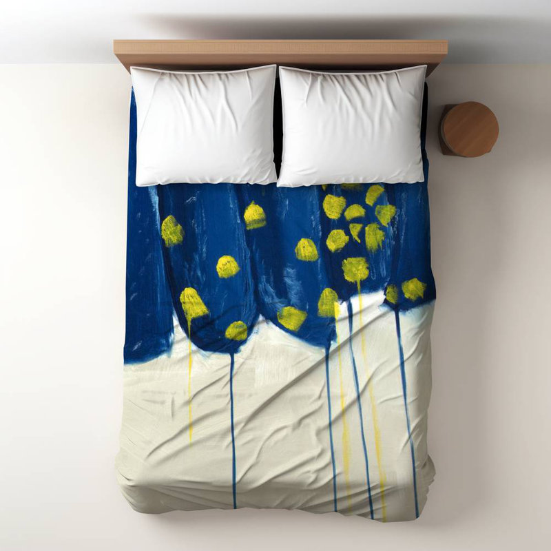 Polyester Sateen Duvet Cover, Twin Duvet, Blue Abstract Blue And Yellow Flowers