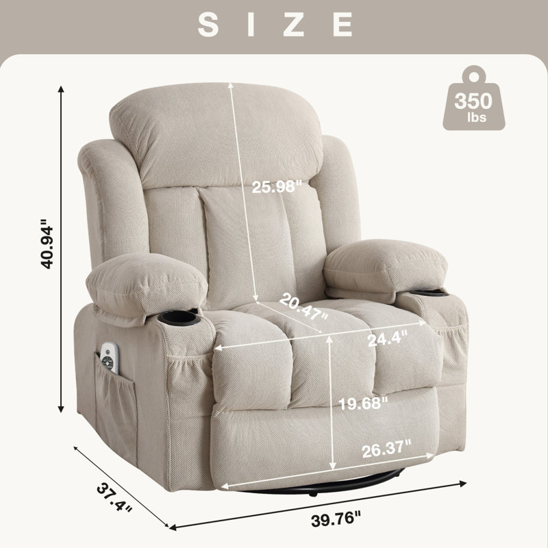 Swinging Recliner Massage Heated Sofa, With USB And 2 Cup Holders In Side Pockets, Cream