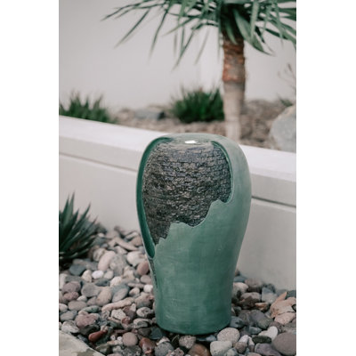 XBrand 25" Tall Modern Round Eggshell Waterfall Fountain with LED Lights and Auto Shut-Off Pump, Turquoise