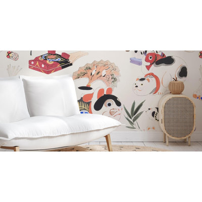 Murale de chien japonais Inu Hariko | Papier peint coloré, jouets populaires pour enfants | Non-tissé ou pelez et collez