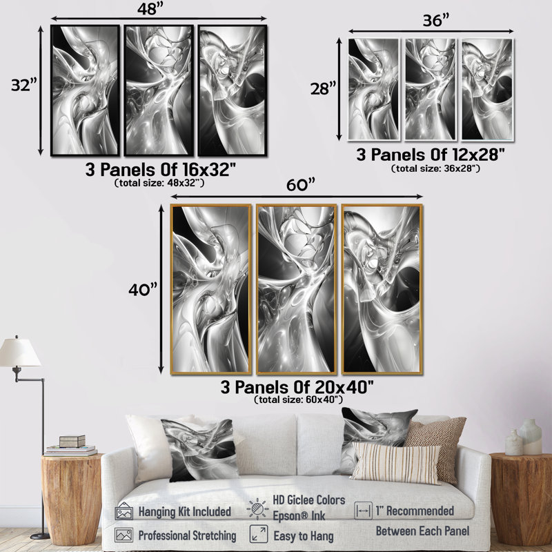 «Gray Abstract Steel Serenade I», reproduction d'art abstrait, collection de 3 pièces, H 28 po x l 36 po, Crème, crème