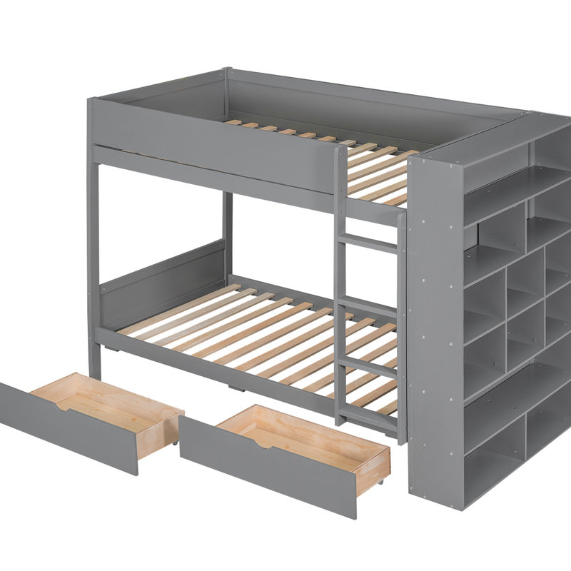 Lit superposé simple au-dessus de gris avec armoires fonctionnelles - 2 tiroirs et rangement multi-couches, Twin, Gris