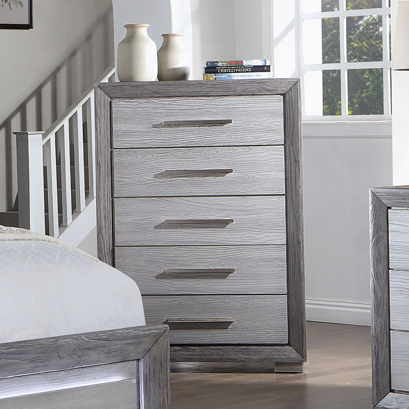 1pc Commode de style transitionnel, pieds en métal, glissières à billes, poignées de bar, finition grise