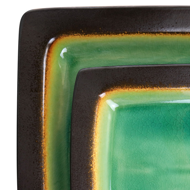 Green Floral Ceramic Square Dinnerware Set, Service for 4