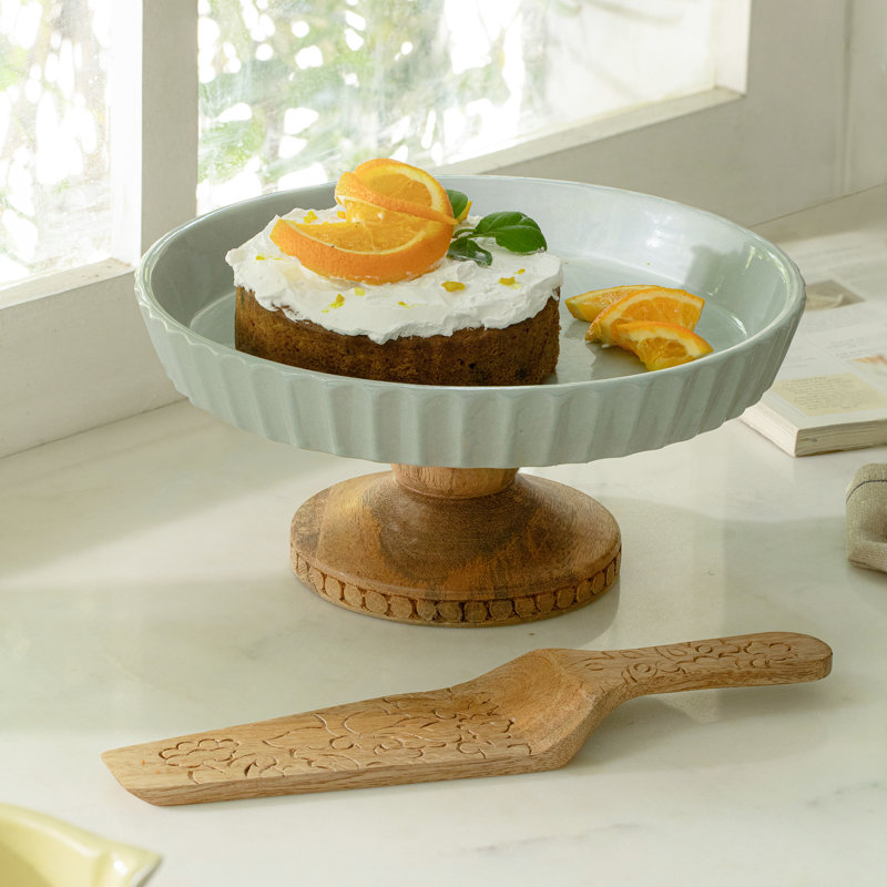 Upper Crust Ceramic Cake Stand with Server, Handcrafted Round Dessert Display Stand for Cakes, Tarts, Weddings, and Birthdays