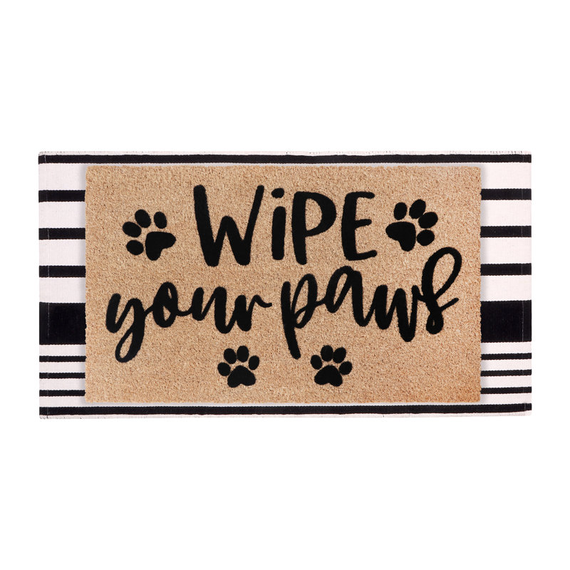 Ensemble de tapis de bienvenue 100% coco noir et blanc rayé - Essuyez vos pattes, 24 po x 36 po et 24 po x 51 po, support en PVC antidérapant robuste