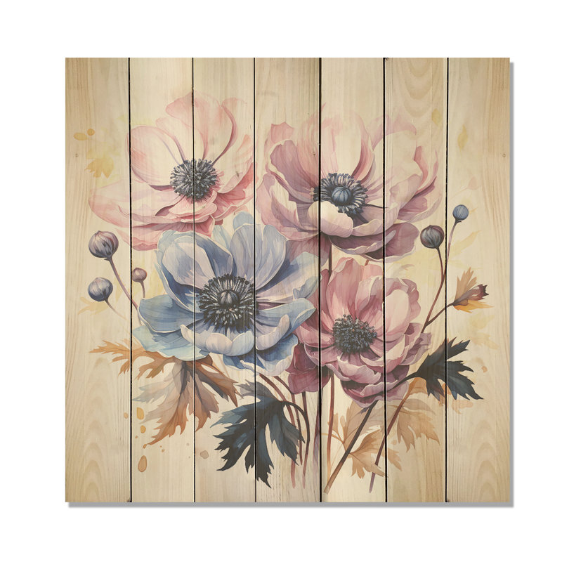 Bouquet de coquelicots bleu et mauve I - coquelicots sur bois, H 15 po x l 15 po