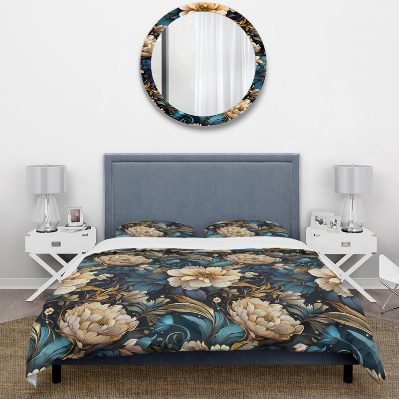 Literie motif fleurs bohème Elegance, Housse de couette pour grand lit et 2 taies décor