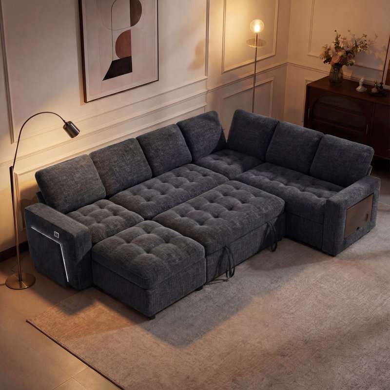 102" Modular Sectional Sleeper Sofa With Pull Out Bed/Reclining Backrest/Usb Ports/Table/Led Light/Storage Seat, 8 Seat Large U Shaped Sectional Couch, Tool-Free Assembly