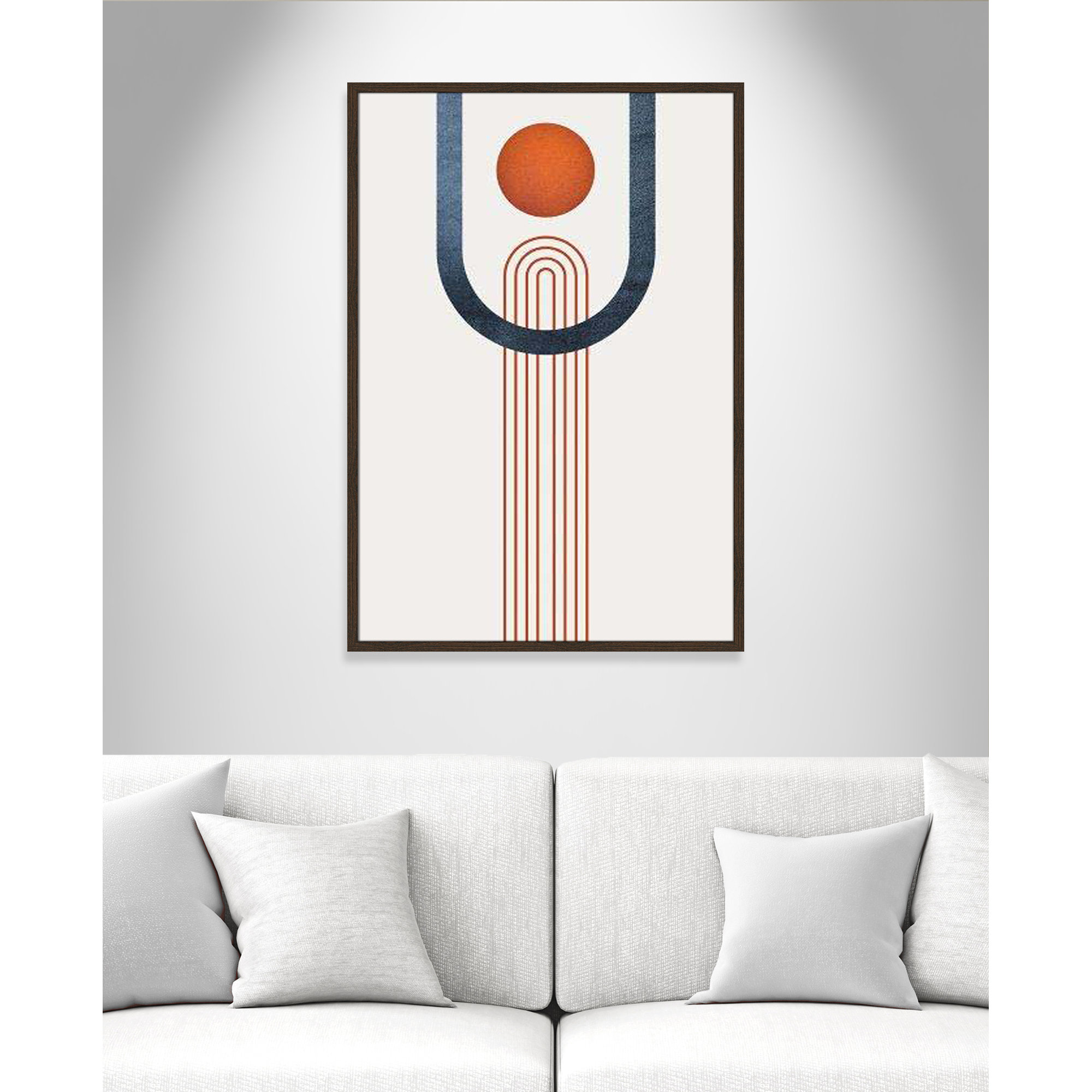 Minimalist Mid Century Orange Navy III By Urban Epiphany - Framed Art Full Bleed, 41.5" H x 29.5" W x 0.75" D, Walnut