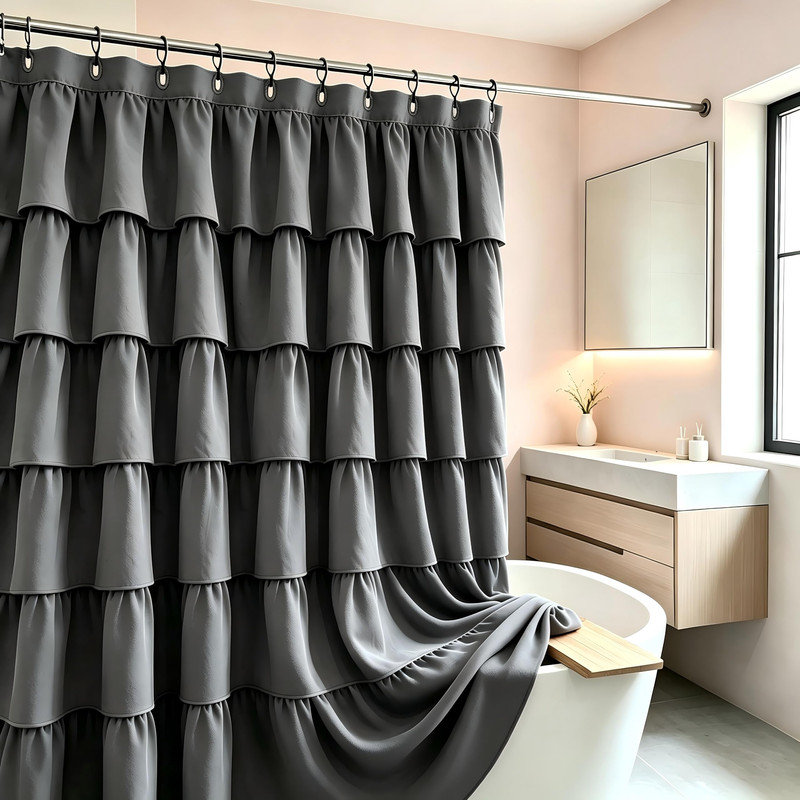 Rideau de douche à volants étagés 183 x 183 cm – Polyester doux, ourlet à volants 9 couches, lavable à la machine, Gris