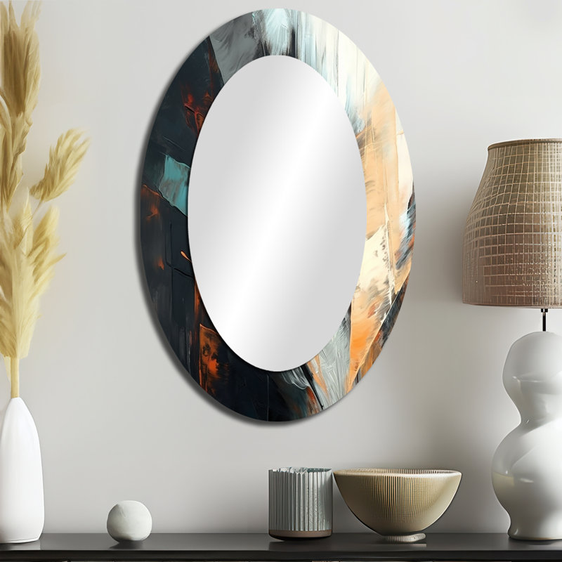Orange And Blue Abstract Mixed Colors II - Abstract Oval Decorative Mirror On Metal, 36" x 24"