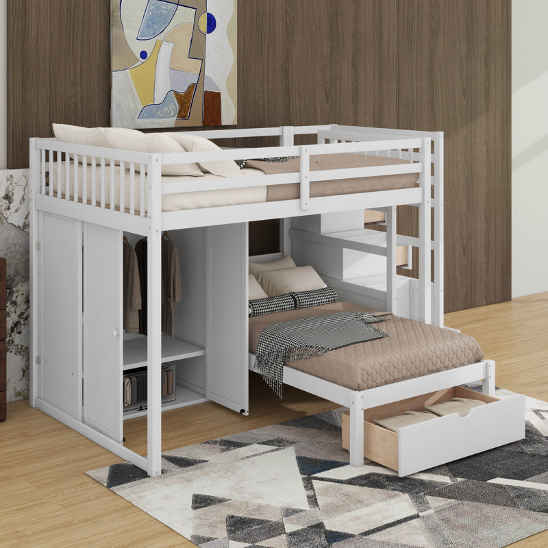 Lit superposé double au-dessus de simple avec garde-robe et tiroirs, Blanc