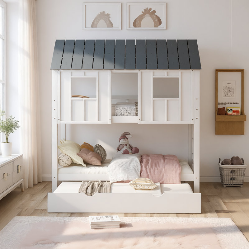 Lit simple superposé simple avec lit gigogne, toit et fenêtre, structure en bois massif avec garde-corps, style maisonnette pour enfants, finition blanche et grise