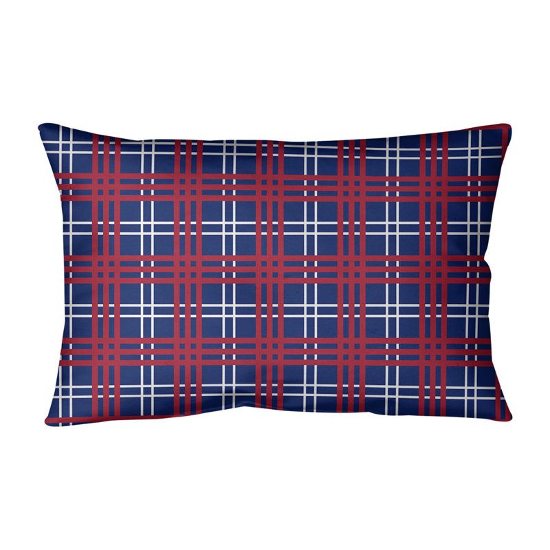 Plaid Leather/Suede Reversible Throw Pillow, Dark Blue/White/Red, Linen