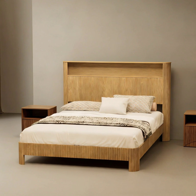 Queen Size Bed Frame With Storage Headboard, Built-In Charging Station, Wavy Curved Lines, Silent Operation, Metal Support