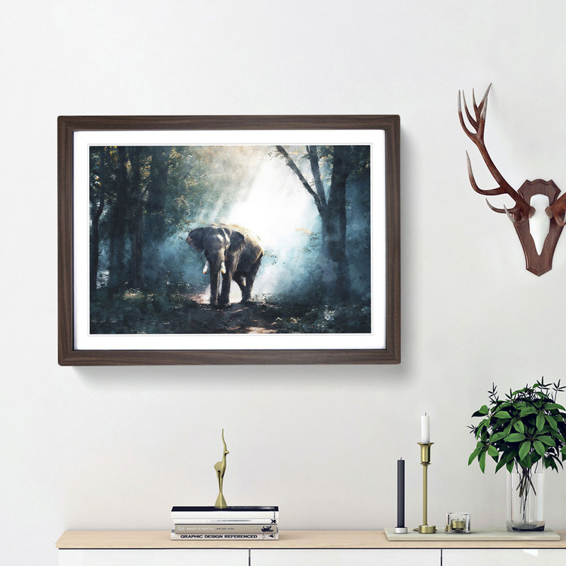 Elephant Roaming in a Green Forest - Framed Print, 33cm H x 45cm W x 2cm D, Walnut Framed