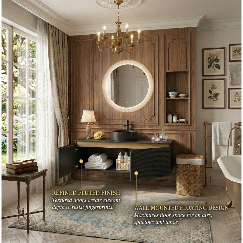 48" Modern Floating Vanity With Black Sintered Stone Top, Geometric Twill Doors With Metal Trim, 4 Vessel Sink Options (Black)