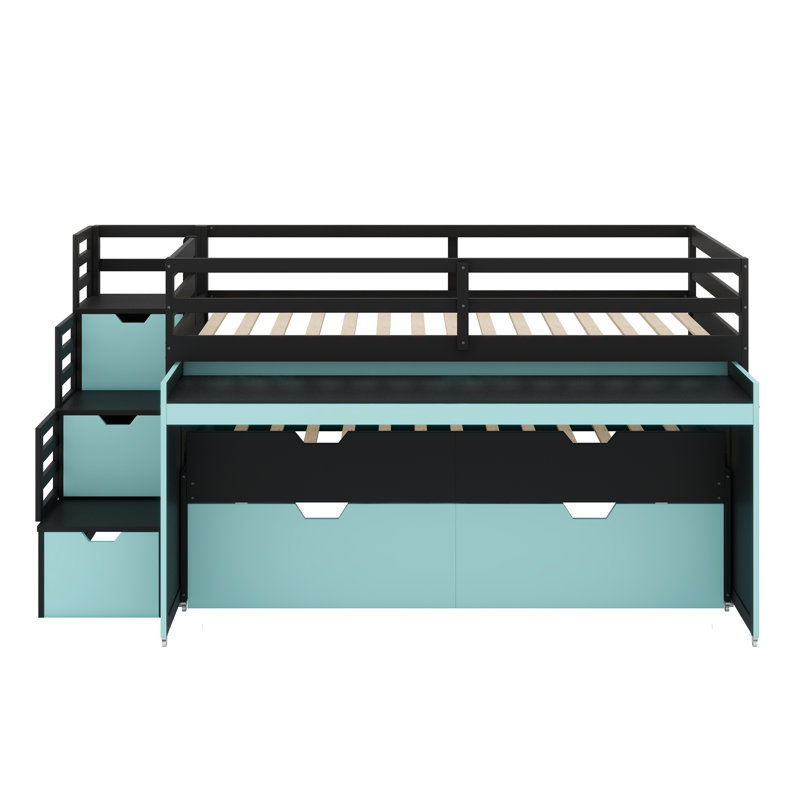 Lit mezzanine avec bureau coulissant, lit gigogne, tiroirs de rangement et marches Gaming & Workstation, Black+Blue