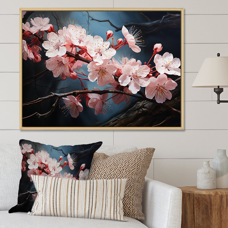 Arbre de fleurs de cerisier rose la nuit I - art mural cerise, Cadre flottant blanc, H 24 po x l 32 po x P 1 po