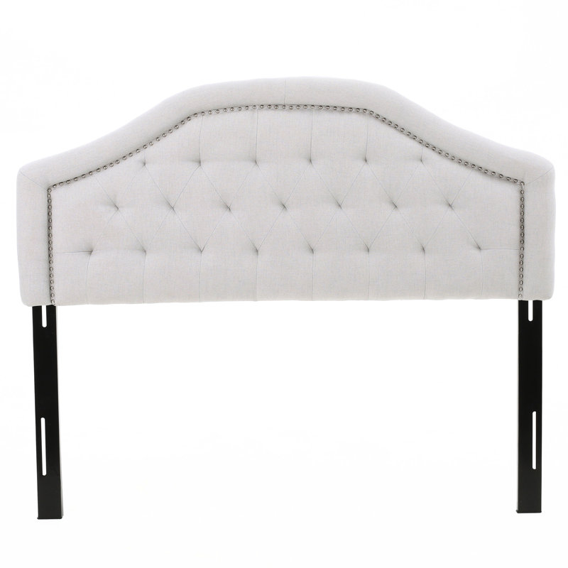 Full Sized Grey Fabric Headboard Featuring Studded Seam, Button Pattern, Nailhead Decoration And Iron Legs For Bedroom Decor Queen In Fabric, Diamond Stitch, Accents
