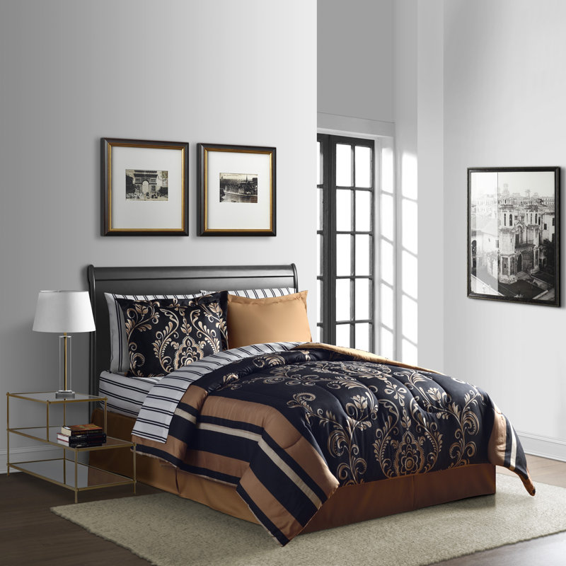 California King Black and Gold Reversible Microfiber Bed in a Bag Set
