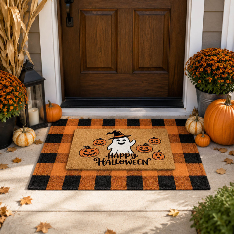 Ensemble de 2 tapis de porte superposés pour l'Halloween, tapis à carreaux orange et noir avec paillasson en fibre de coco