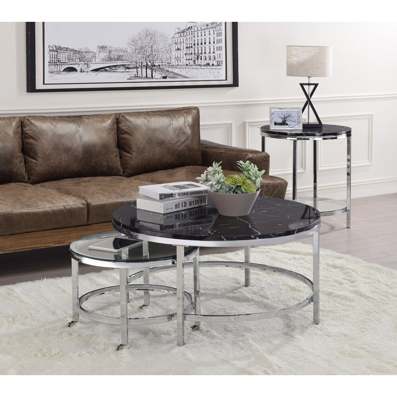 Damain Round End Table with Storage in Black and Chrome