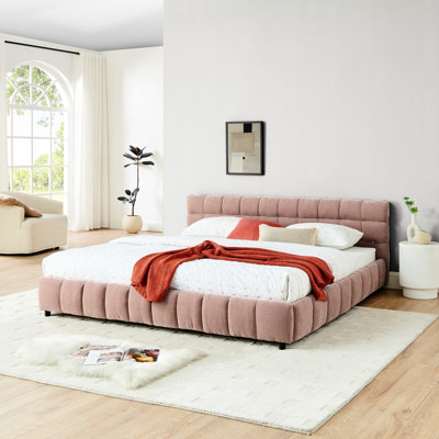 Modern Comfortable King Size Bed With Drawer - Pink Upholstered Frame Platform Chenille Fabric And