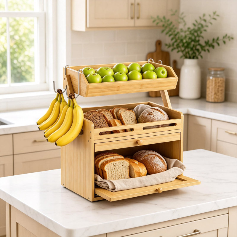 Boîte à pain en bambou avec panier à fruits et crochets pour bananes, organisateur de rangement de comptoir de cuisine avec porte transparente pour pains, viennoiseries et collations
